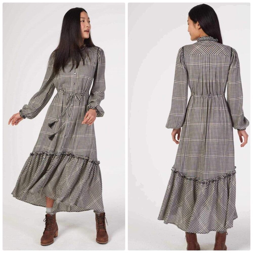 Faherty Sandia Ruffle Gingham Balloon Sleeve Midi Dress Size‎ Medium NEW